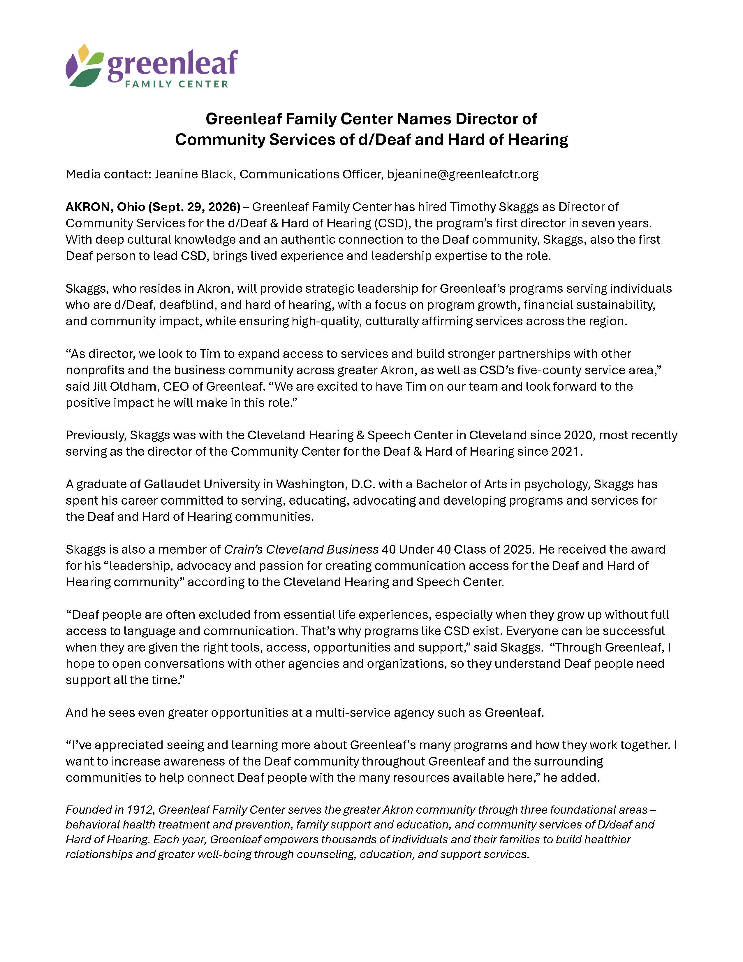 Tim Skaggs news release